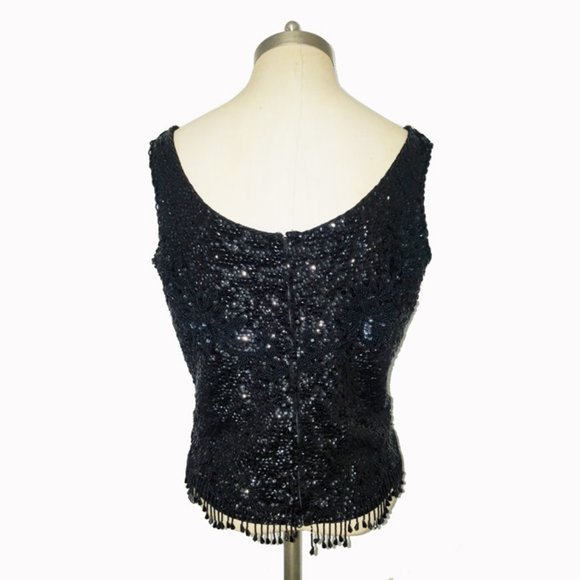 Vtg 60s Black Wool Sequined Hand Beaded Top M - Picture 8 of 10